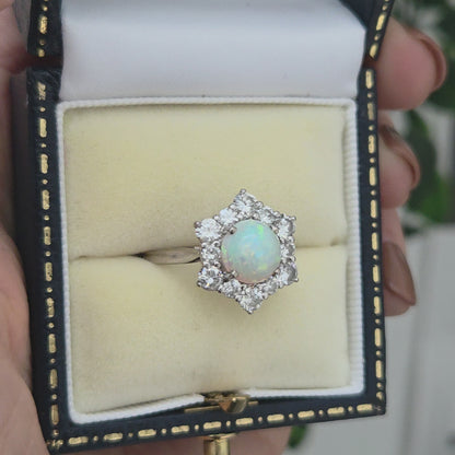 Vintage French Opal and Diamond Hexagonal Star Cluster Engagement Ring