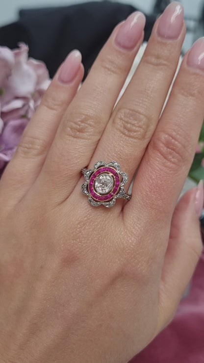 Fine Antique Belle Époque Old-Cut Diamond and Ruby Target Ring