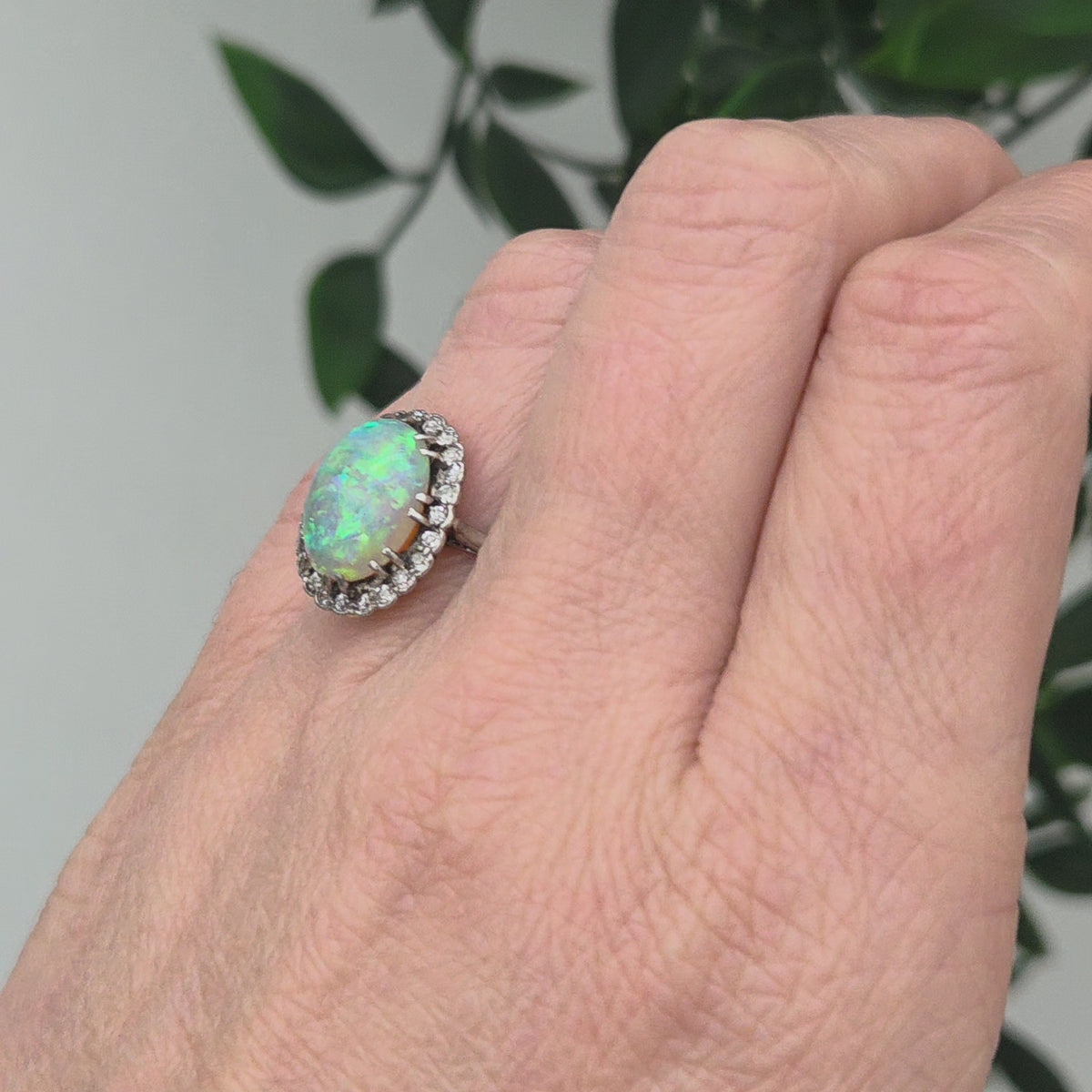 Edwardian Antique Opal and Diamond Cluster Ring