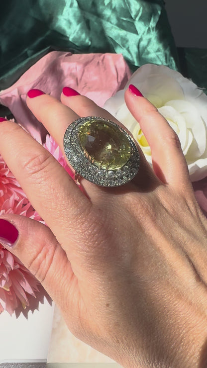 Large Vintage Yellow Gemstone and Diamond Double Cluster Cocktail Ring