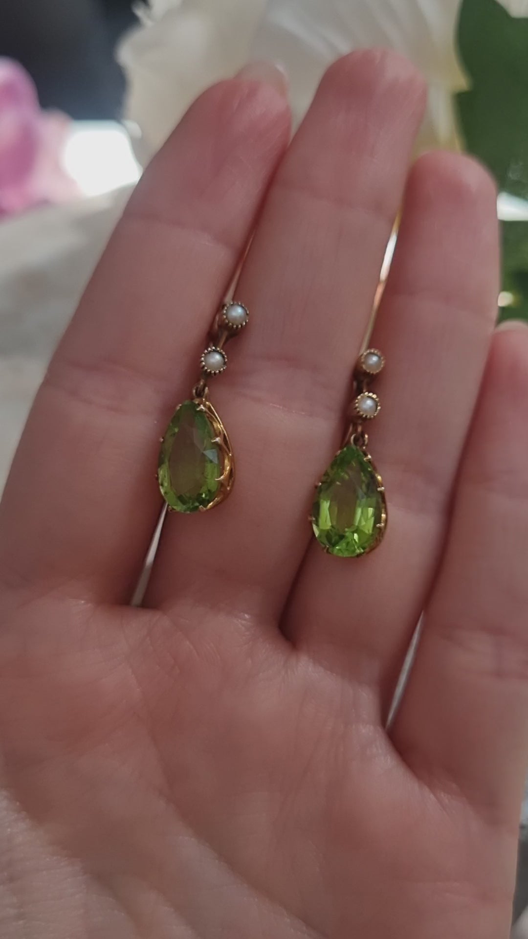 Victorian Antique Pear Shape Peridot and Natural Pearl Drop Earrings