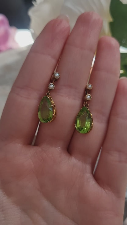 Victorian Antique Pear Shape Peridot and Natural Pearl Drop Earrings