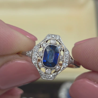 Antique Art Deco Sapphire and Diamond Cluster Engagement Ring