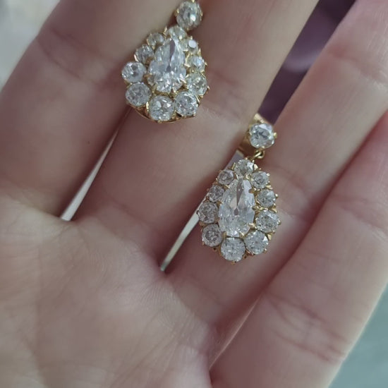 Victorian Antique 6.1ct Old Cut Diamond Pear Cluster Drop Earrings
