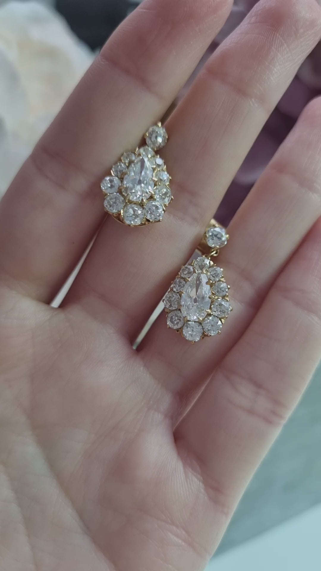 Victorian Antique 6.1ct Old Cut Diamond Pear Cluster Drop Earrings