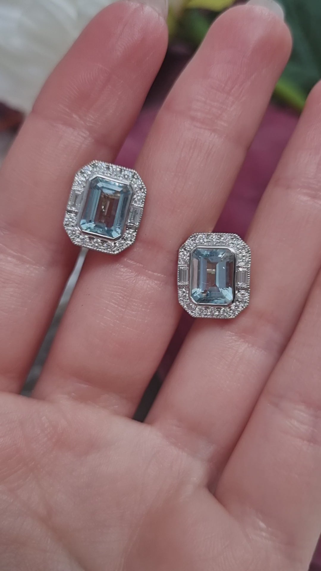 3.18ct Emerald Cut Aquamarine and Diamond Cluster Stud Earrings