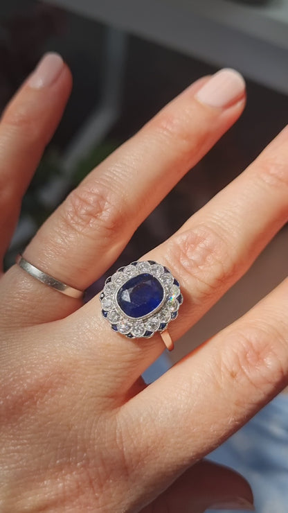 Vintage 2ct Sapphire and Diamond Cluster Ring, Circa 1940s