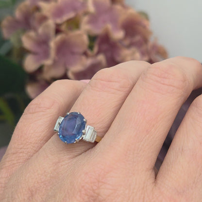 Vintage 3.7ct Oval Sapphire and Baguette Diamond Engagement Ring