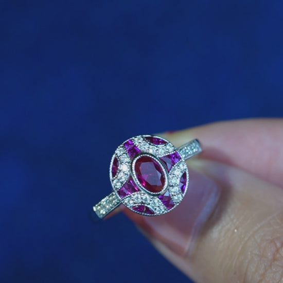 Ruby and Diamond Oval Cluster Engagement Ring in 18ct Gold