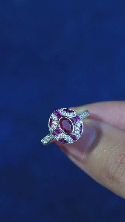 Ruby and Diamond Oval Cluster Engagement Ring in 18ct Gold