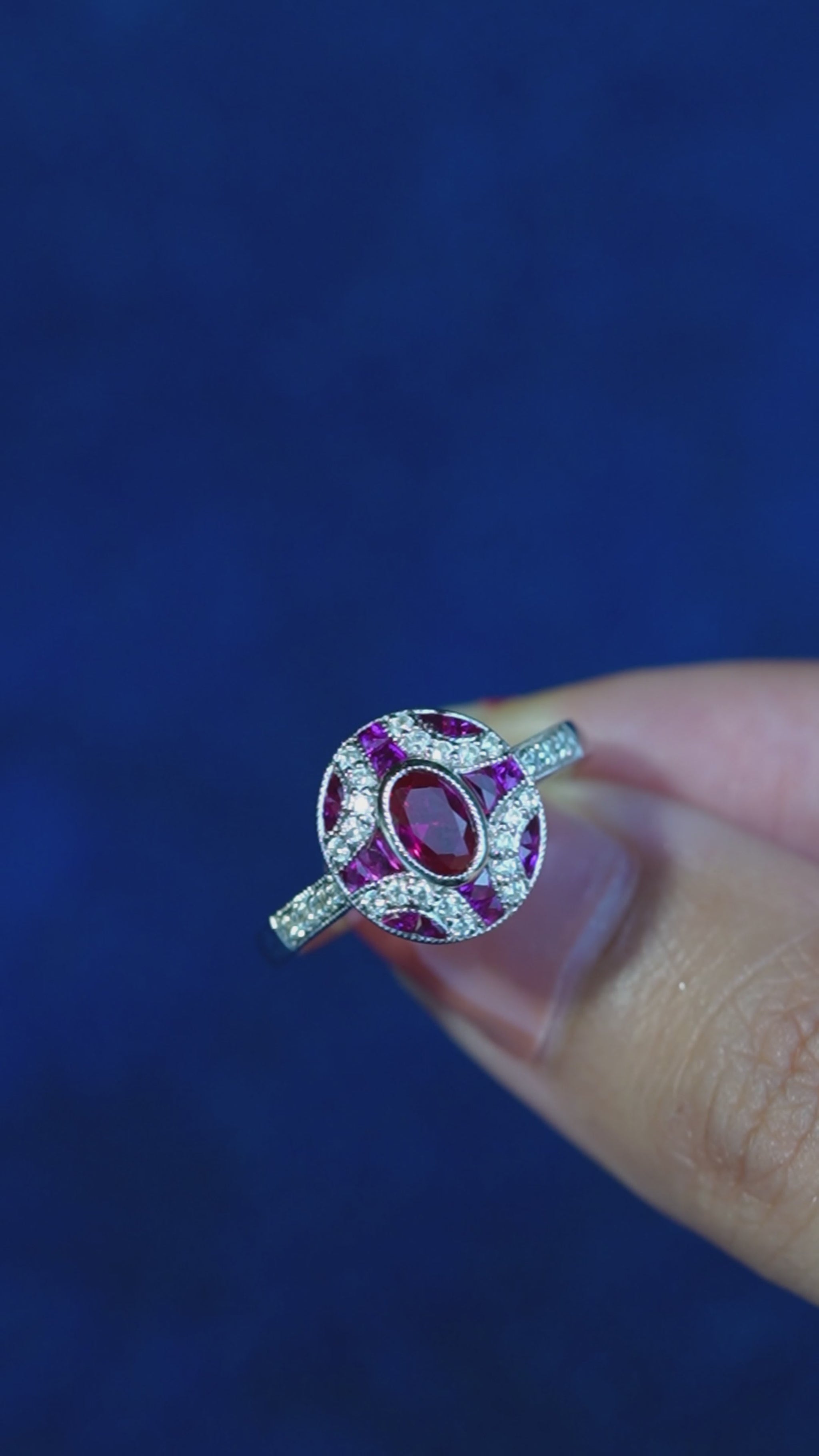 Ruby and Diamond Oval Cluster Engagement Ring in 18ct Gold