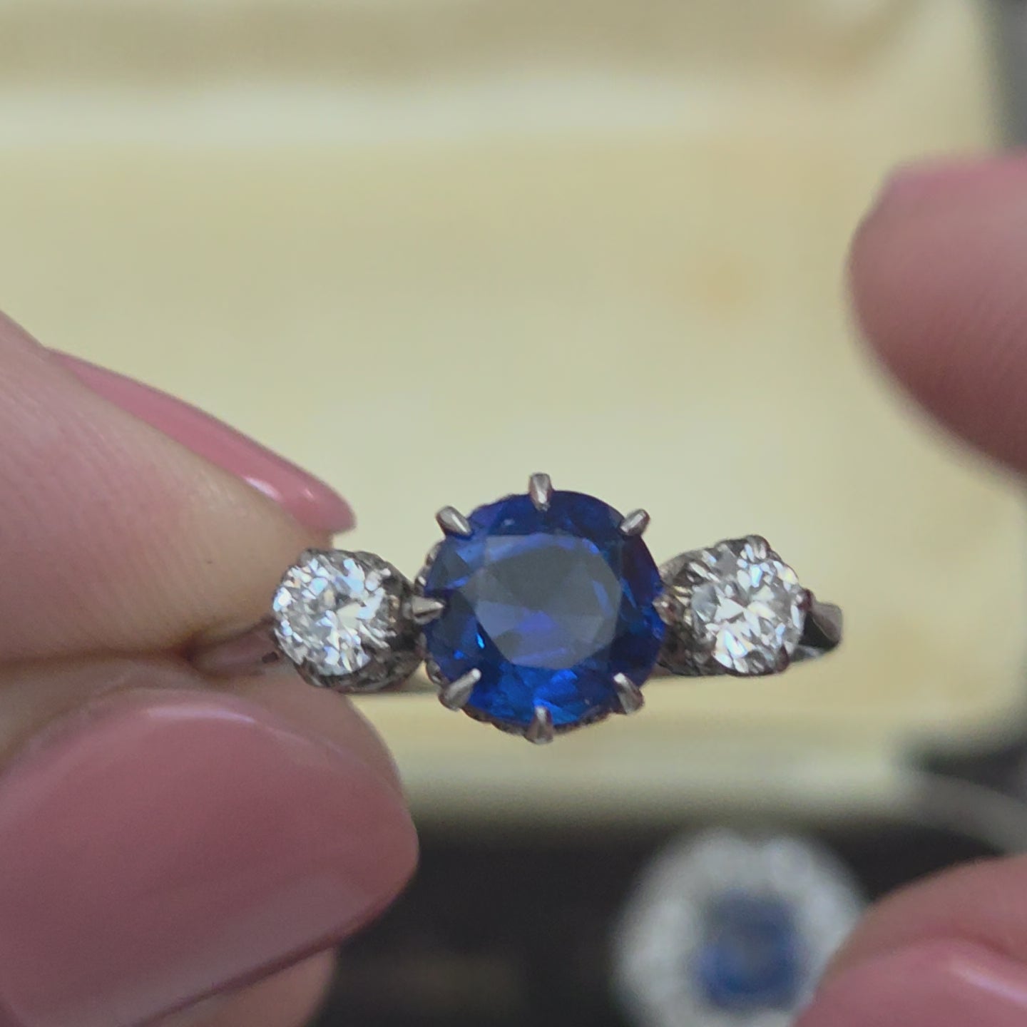 Vintage Late Art Deco 1.25ct Vivid Blue Sapphire and Diamond Three Stone Engagement Ring