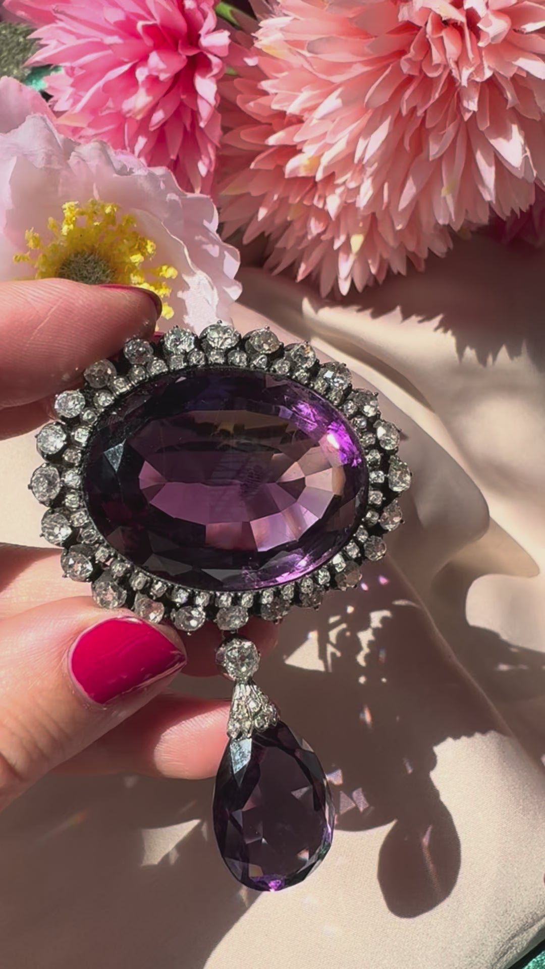 Fine Victorian Antique Amethyst and 7ct Old Cut Diamond Cluster Drop Pendant Brooch