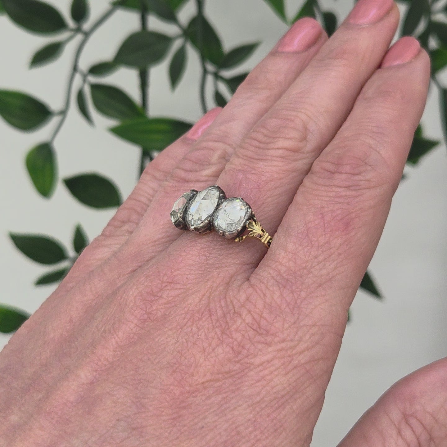 Antique Rose Cut Diamond Trilogy Ring in 18ct Gold and Silver