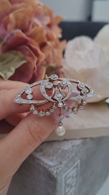 Antique Art Nouveau 2.5ct Old Cut Diamond and Natural Pearl Pendant Brooch