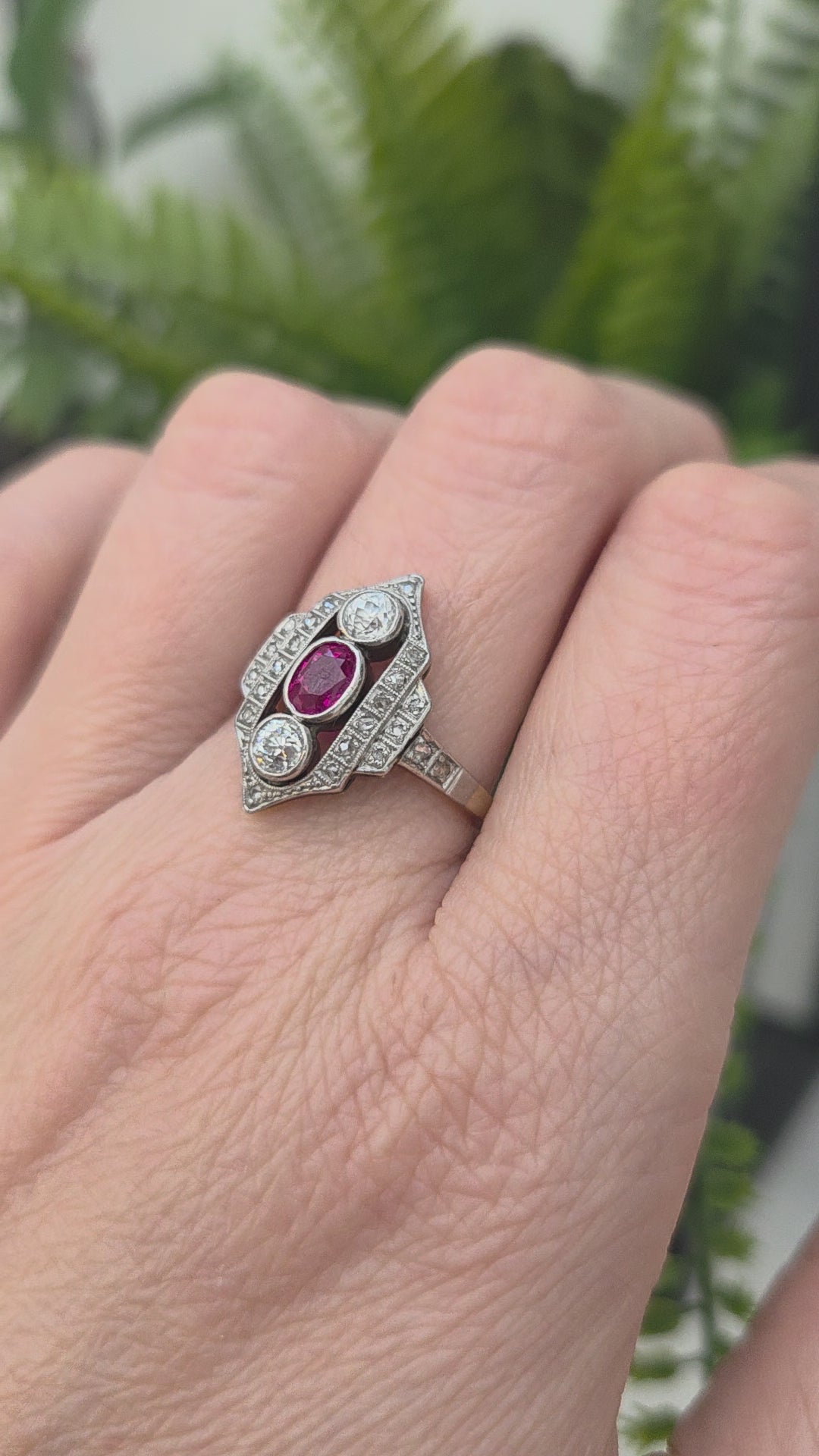Antique Ruby and Diamond Three Stone Shield Cluster Plaque Ring