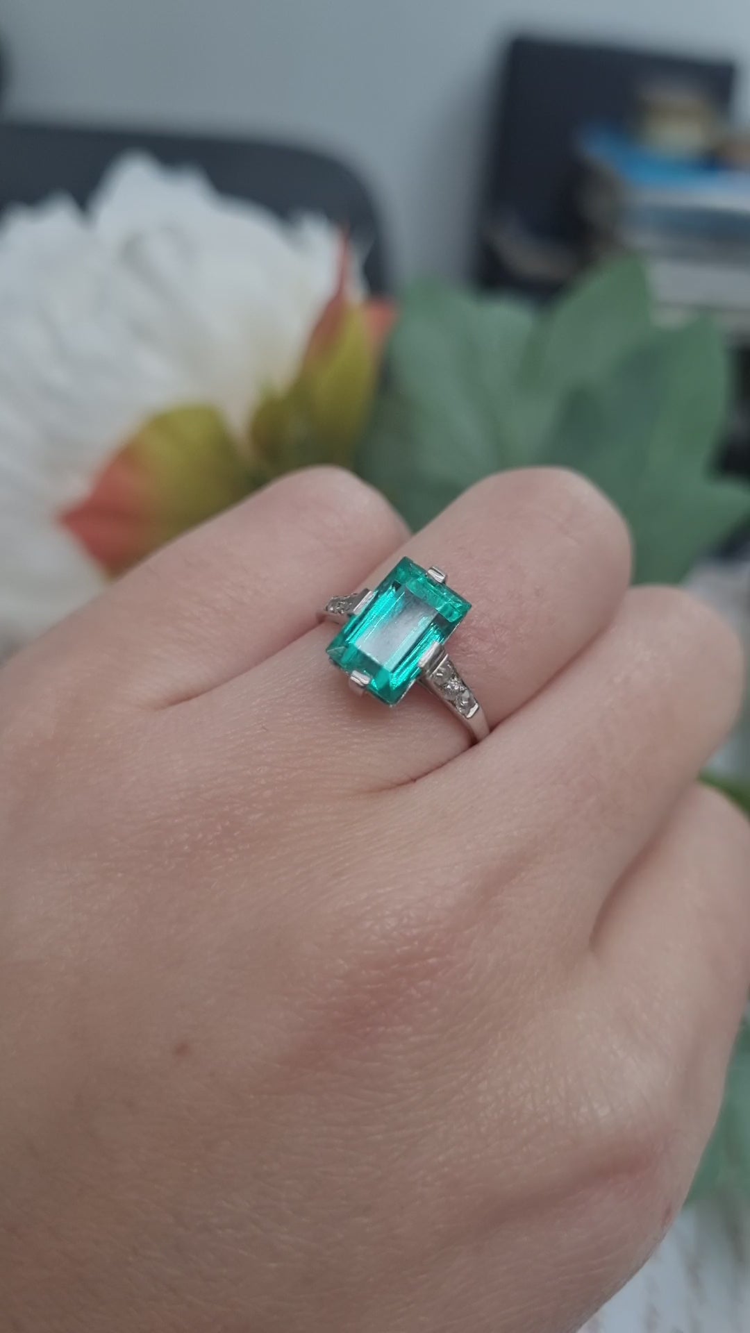 Art Deco 2.3ct Colombian Emerald Solitaire Engagement Ring, Diamond Shoulders, Platinum