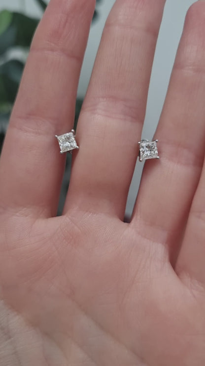 Princess Cut Diamond Solitaire Stud Earrings, 0.76 carats