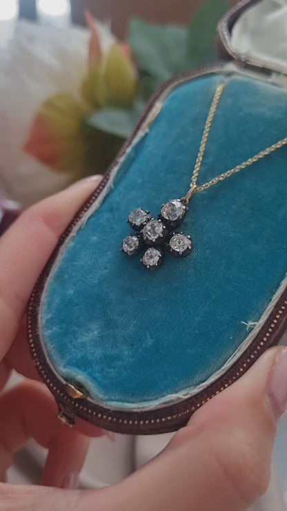 Antique 1.80ct Old Cut Diamond Flower Pendant with Chain