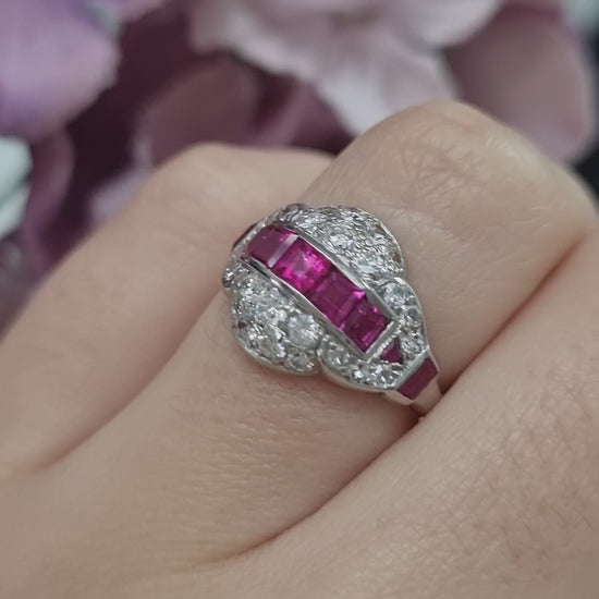Art Deco Burma Ruby and Diamond Cluster Dress Ring
