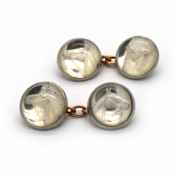 Art Deco Reverse Crystal Horse Platinum Cufflinks