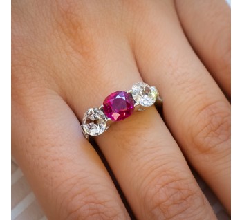 Burma Ruby and Diamond Three Stone Ring