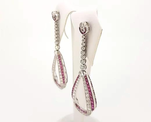 Art Deco Style Ruby Diamond and Platinum Drop Earrings