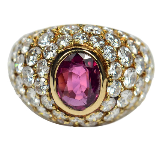 Vintage 1950s French Ruby and Diamond Gold Bombe Ring
