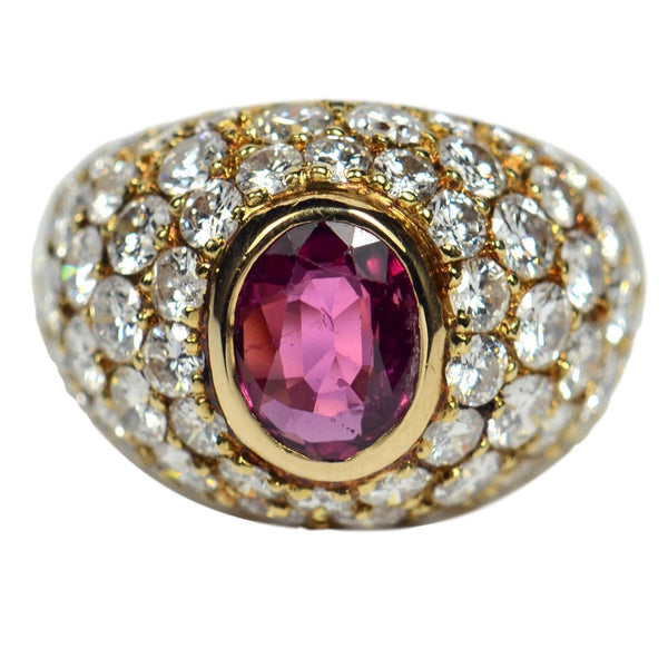 Vintage 1950s French Ruby and Diamond Gold Bombe Ring