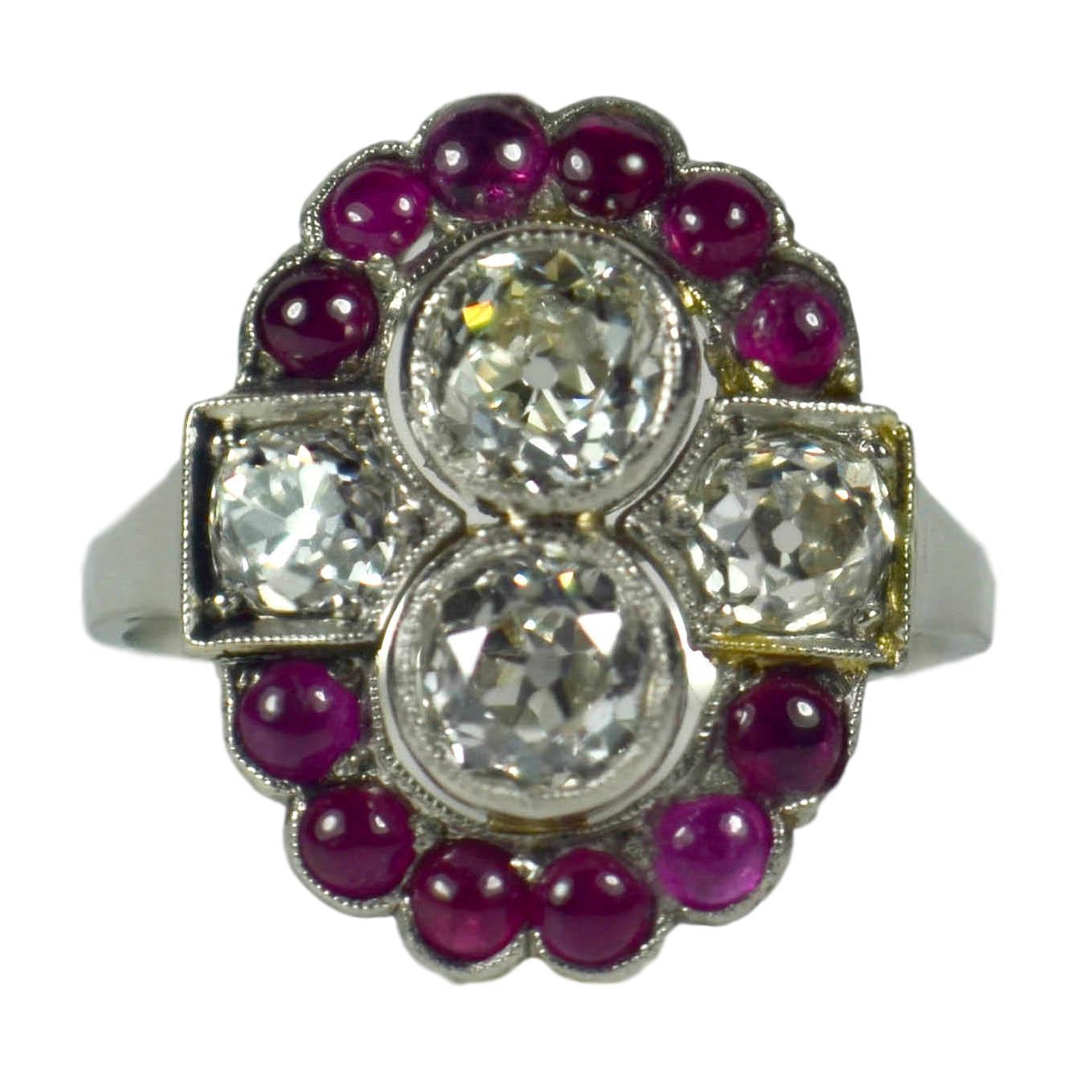 Art Deco Diamond, Ruby and Platinum Cluster Dress Ring