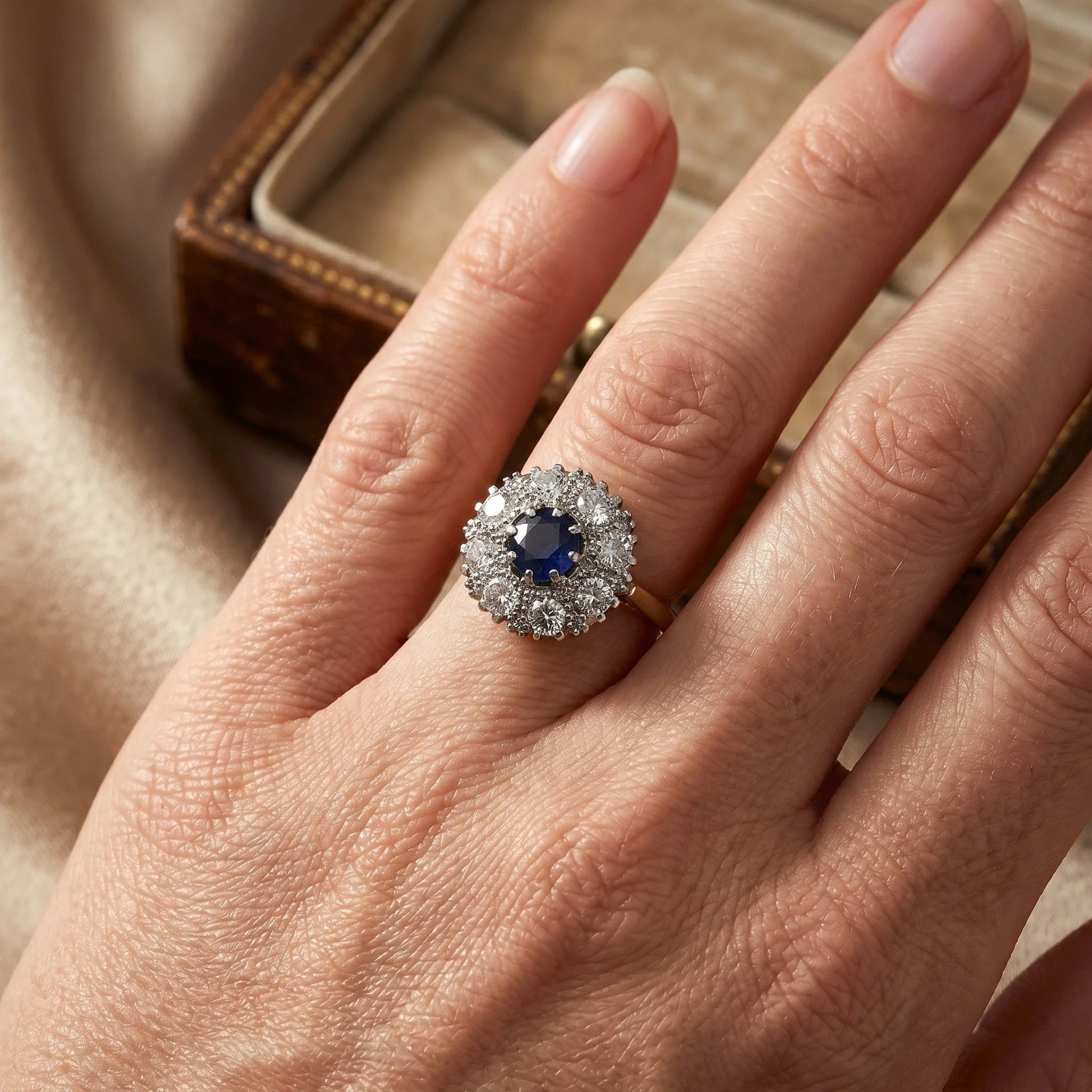 Vintage 1970s 18KT Gold Sapphire and Diamond Cluster Ring