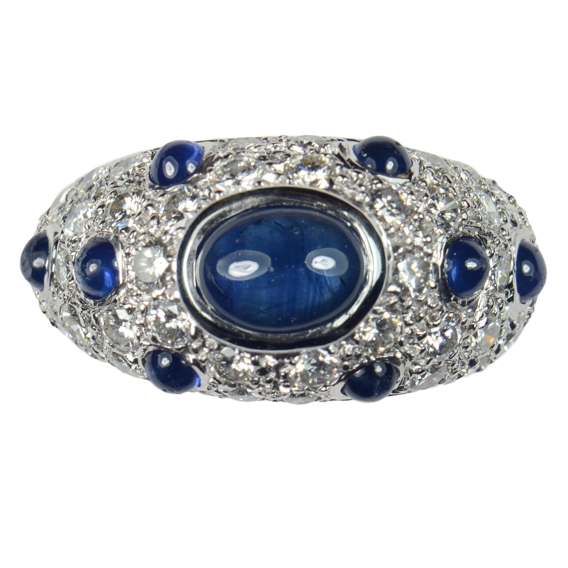 Vintage French Sapphire and Diamond Bombe 18ct Gold Ring, Circa 1950