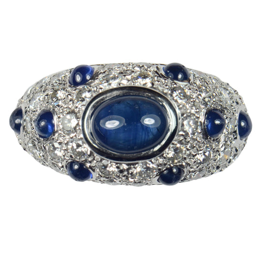 Vintage French Sapphire and Diamond Bombe 18ct Gold Ring, Circa 1950
