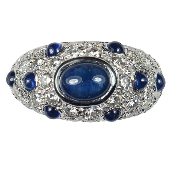 Vintage French Sapphire and Diamond Bombe 18ct Gold Ring, Circa 1950