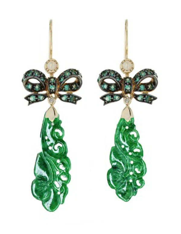 Carved Jade Leaf and Emerald Bow Drop Earrings