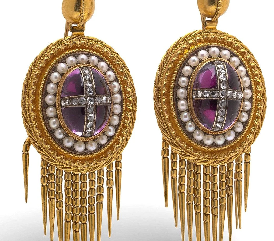 19th Century 21 Carat Gold Amethyst, Pearl And Diamond Earrings