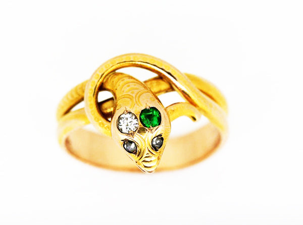 1950's Vintage Snake Ring, with Diamonds and Emerald, 14ct Yellow Gold
