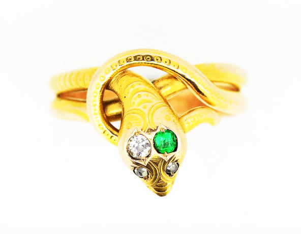 1950's Vintage Snake Ring, with Diamonds and Emerald, 14ct Yellow Gold