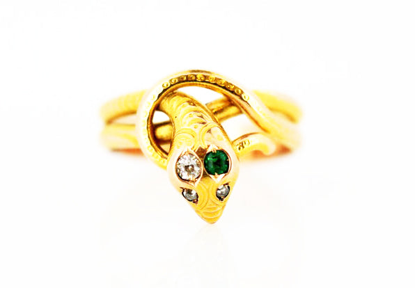 1950's Vintage Snake Ring, with Diamonds and Emerald, 14ct Yellow Gold