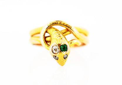 1950's Vintage Snake Ring, with Diamonds and Emerald, 14ct Yellow Gold
