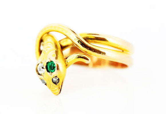 1950's Vintage Snake Ring, with Diamonds and Emerald, 14ct Yellow Gold