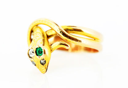 1950's Vintage Snake Ring, with Diamonds and Emerald, 14ct Yellow Gold