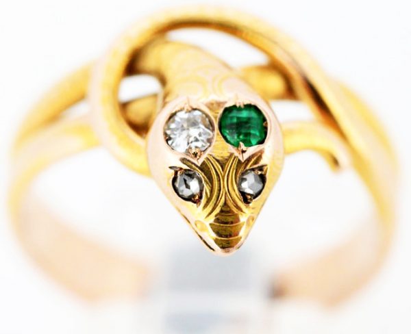 1950's Vintage Snake Ring, with Diamonds and Emerald, 14ct Yellow Gold