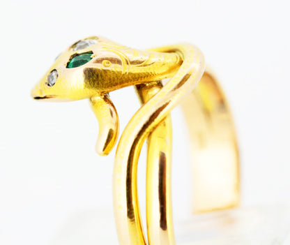 1950's Vintage Snake Ring, with Diamonds and Emerald, 14ct Yellow Gold