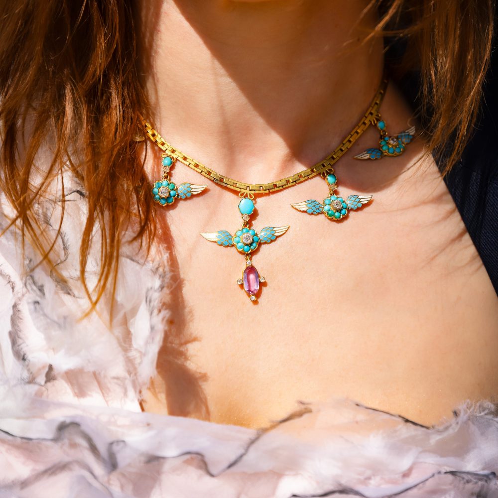 Victorian Antique Gold and Enamel Necklace with Diamond Turquoise Pink Tourmaline