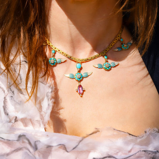 Victorian Antique Gold and Enamel Necklace with Diamond Turquoise Pink Tourmaline