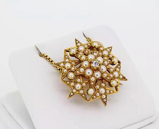 Vintage Natural Pearl and Diamond Star Pendant Brooch, 18ct Yellow Gold