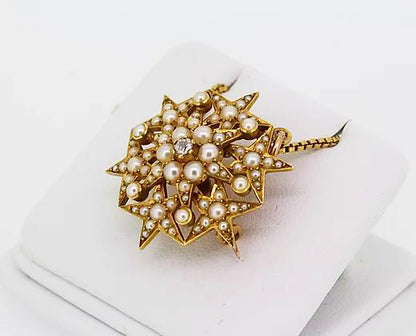 Vintage Natural Pearl and Diamond Star Pendant Brooch, 18ct Yellow Gold