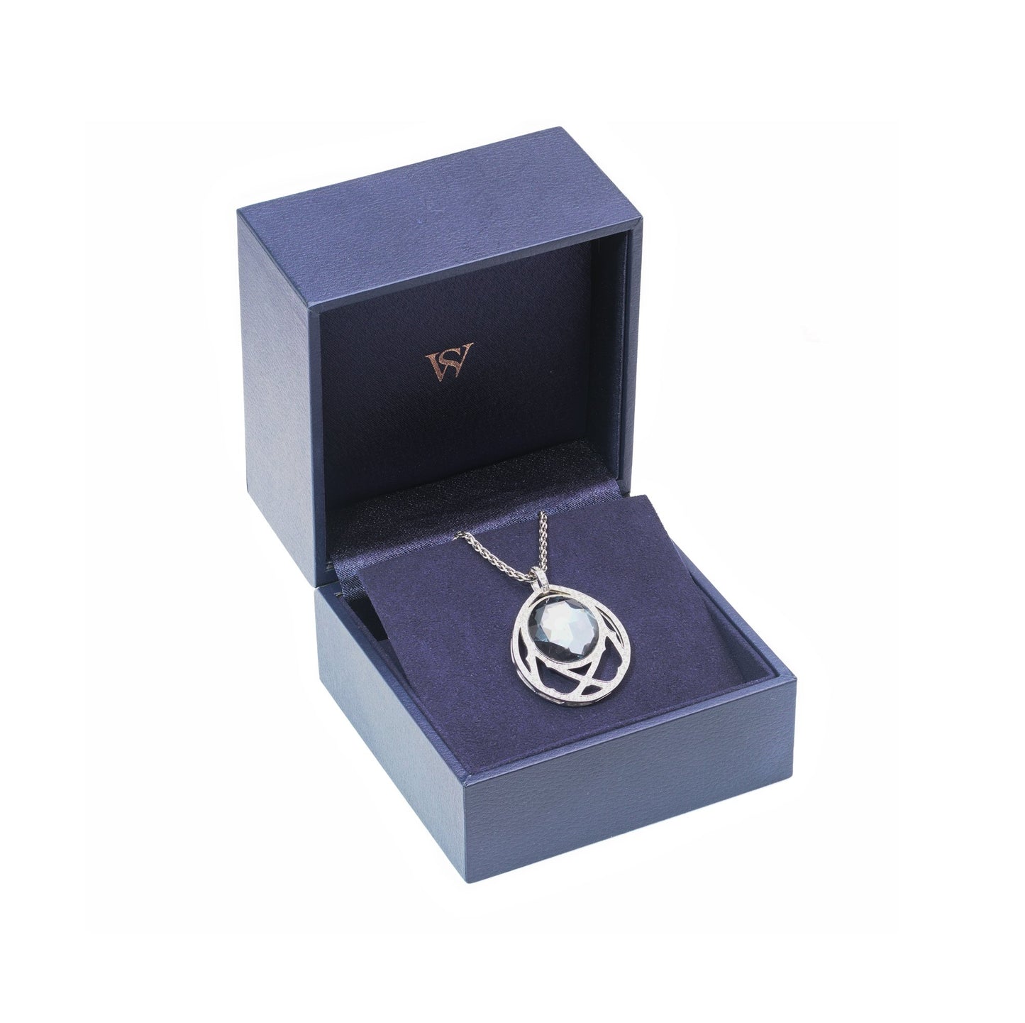 A dark crystal and white diamond pendant with a white gold chain, in a Stephen Webster box