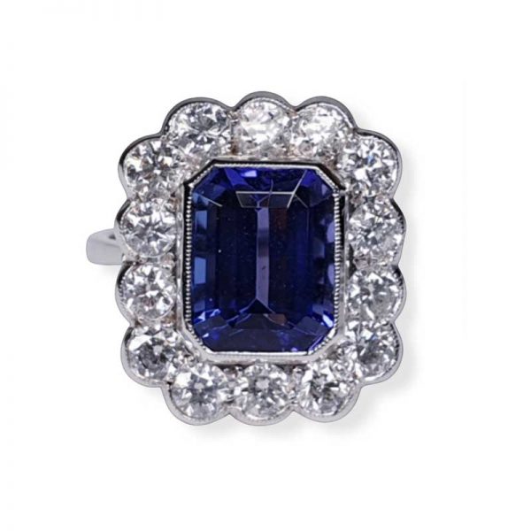 Tanzanite and Diamond Cluster Ring, Rectangular Emerald Cut 4 carats